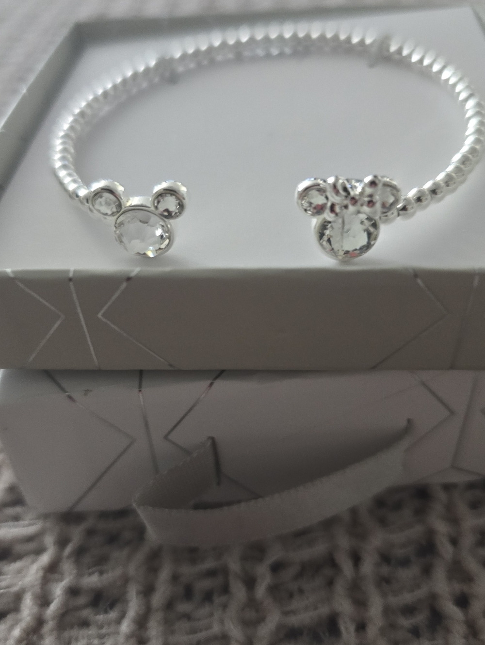 Disney Silver Beaded Open Cuff Bracelet with Mickey Crystal Ends - Picture 3 of 5